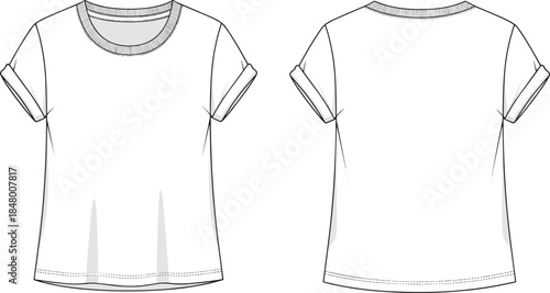Basic women’s short sleeve t-shirt front and back view, rolled cuff tee fashion template, clothing design outline, cad drawing flat vector illustration