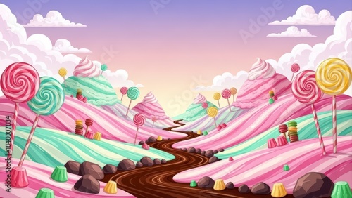 Whimsical Candy Land Landscape with Chocolate River and Lollipop Trees.