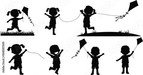 Silhouette of children flying kites, kids outdoor play, childhood fun activity, summer breeze, happy boy and girl illustration vector design