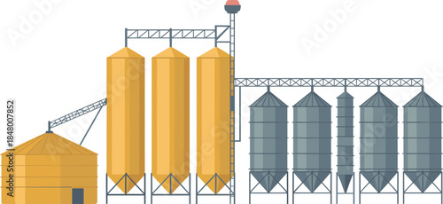 Industrial grain silo facility illustration showing storage towers conveyors, agricultural processing plant, harvest storage, food production, farming infrastructure concept