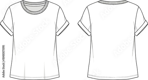 Basic women’s t-shirt front and back view, rolled sleeve tee flat sketch, fashion apparel design template, cad drawing flat vector illustration