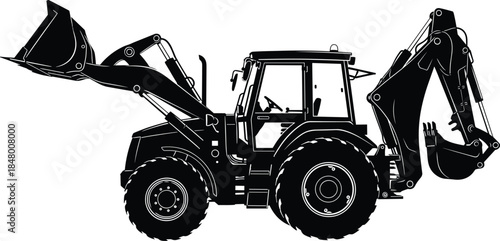 Backhoe loader silhouette vector, heavy construction machinery illustration, industrial excavator equipment, bulldozer tractor vehicle for building and road work
