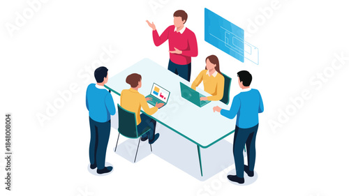 business training session with team meeting presentation at office desk modern flat illustration showing collaboration teamwork and learning concept