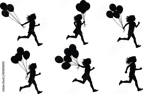 Silhouette of happy girl running with balloons, childhood freedom, outdoor play, joyful motion, kids happiness and fun concept illustration