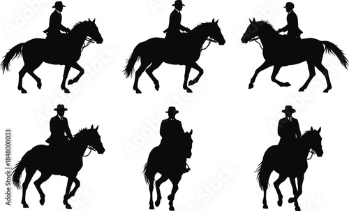 Silhouette of cowboy riding horse, western style equestrian illustration, ranch adventure, horse riding posture and farm lifestyle concept design