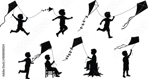 Silhouette of boys flying kites outdoors, children running and playing in summer breeze, joyful childhood activity, freedom, happiness, outdoor recreation, fun