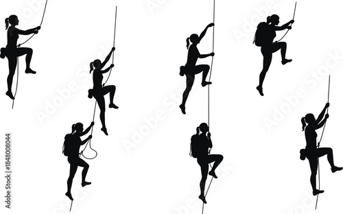 Silhouette of female climbers scaling rope, adventure sport concept, fitness training, mountain climbing strength and outdoor challenge illustration design