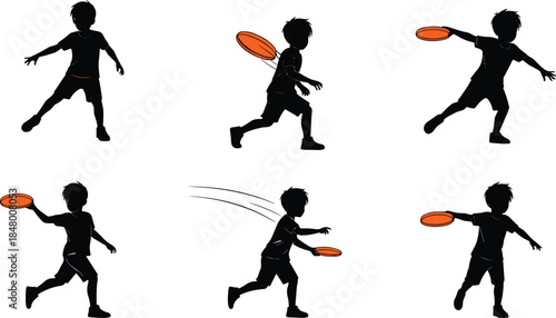 Silhouette of boy playing frisbee, child throwing disc, outdoor fun, active kid motion, sports activity, summer play, vector illustration, training