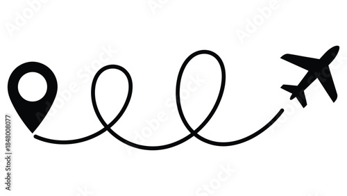 travel route line with location pin and airplane icon minimal line art illustration symbolizing journey navigation tourism and trip planning