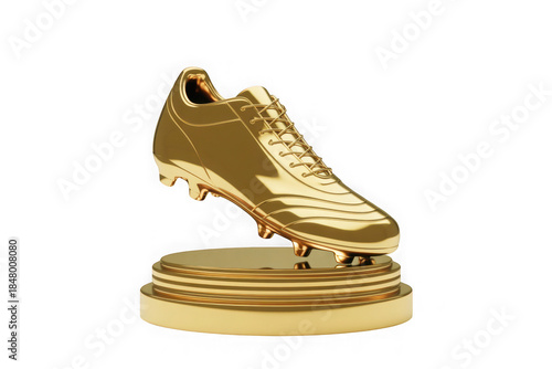 A striking gold football boot trophy on a pedestal against a white background isolated on transparent background