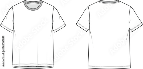 Basic short sleeve t-shirt front and back technical flat sketch, unisex apparel fashion design CAD template, clothing vector illustration, cad drawing flat vector illustration