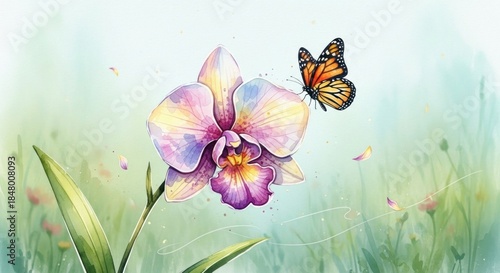 Wallpaper Mural A colorful orchid with a butterfly flying around it on a green and blue background. Torontodigital.ca