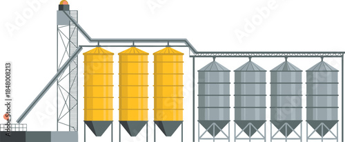 Industrial grain silo facility illustration showing storage towers conveyors, agricultural processing plant, harvest storage, food production, farming infrastructure concept