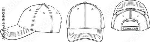 Baseball cap front, side, and back view, CAD flat technical drawing, vector illustration for apparel design and hat template