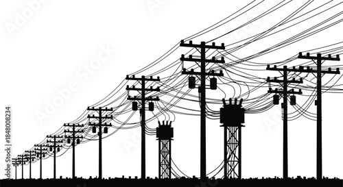 Silhouette illustration of multiple utility power line poles with transformers and complex electrical wiring forming detailed energy transmission and distribution infrastructure network
