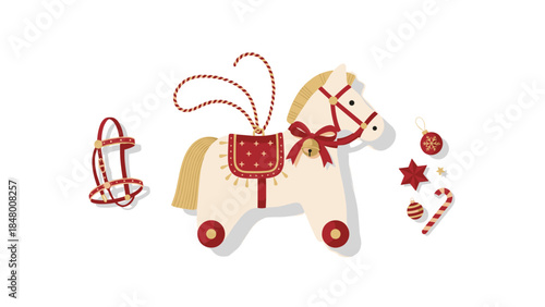 Charming vintage rocking horse with festive decorations evokes nostalgic holiday cheer and childlike wonder.
