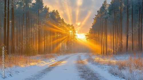 Winter sunbeams through snowy forest path