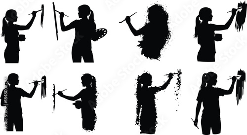 Silhouette of female artist painting on canvas, creative woman with brush and palette, artistic painter isolated on white background design