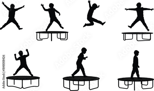 Silhouette of child jumping on trampoline, kids playtime activity, fun exercise, outdoor recreation, childhood joy and energetic motion concept
