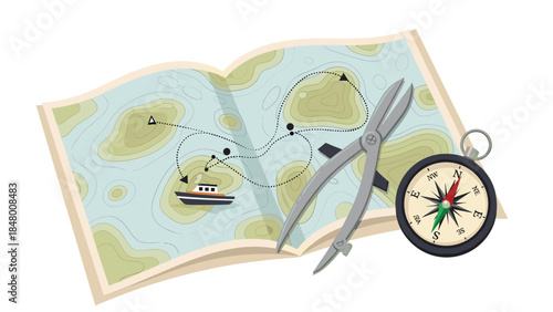 Detailed topographical map with navigational tools suggests adventure and exploration, guiding journeys across unknown territories.