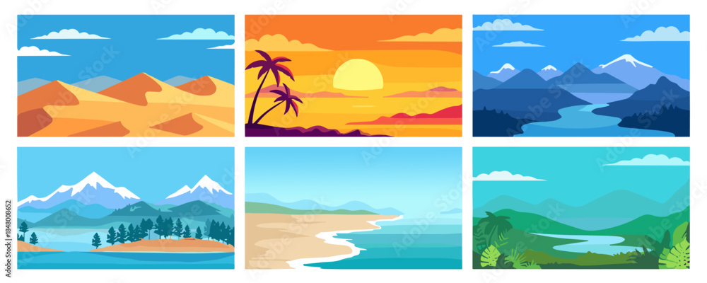 © laurence - Set of six horizontal flat vector landscape illustrations including desert dunes, tropical beach, mountain river, forest lake, and sunset ocean views, perfect for web banners and backgrounds