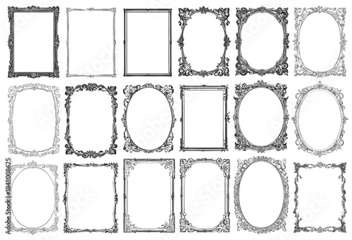 Large collection of 18 antique ornamental vector frames and borders featuring intricate baroque and victorian designs in black and white sketch style, isolated for wedding invitations and certificates