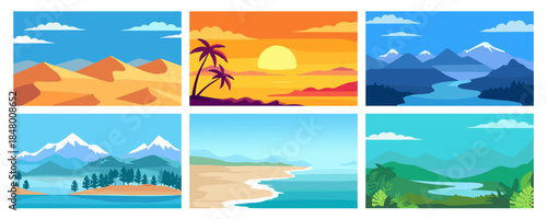 Set of six horizontal flat vector landscape illustrations including desert dunes, tropical beach, mountain river, forest lake, and sunset ocean views, perfect for web banners and backgrounds