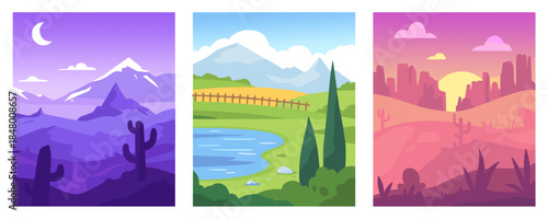 Set of three vertical flat vector landscape illustrations featuring a purple desert night with cactus and moon, a green mountain valley with a lake, and a pink canyon sunset