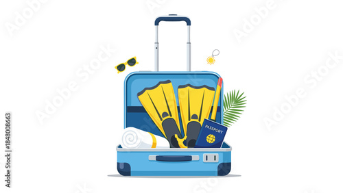 Open suitcase packed for a tropical vacation displays essential travel items like flippers, a passport, and sunglasses.