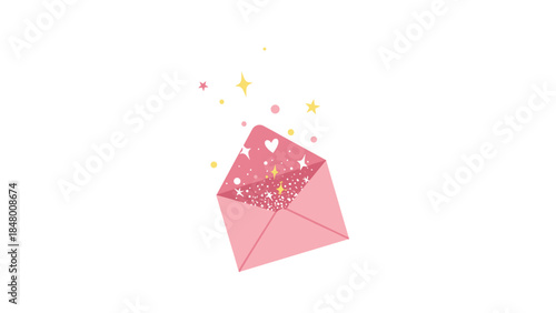 Magical pink envelope with sparkling stars and a heart shape emits a sense of wonder and joyful anticipation.