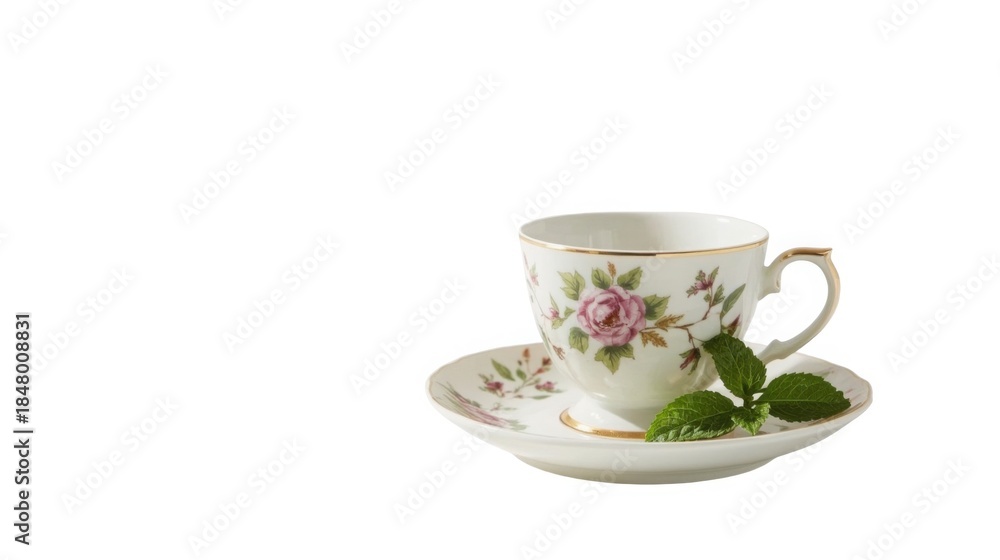 Fototapeta premium Delicate china tea cup and saucer adorned with intricate floral pattern, gold trim, and fresh mint leaves on white background