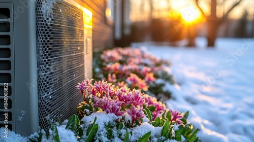 Winter sunset, AC unit, flowers in snow