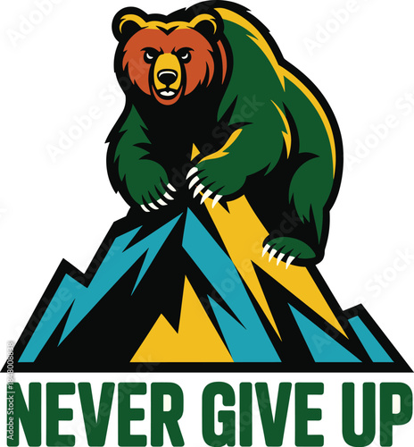 Bear on mountain peak with text never give up summit