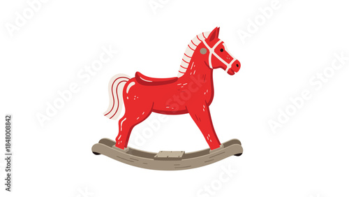 Charming red rocking horse sits on a wooden base, evoking childhood nostalgia and playful imagination for a heartwarming scene.