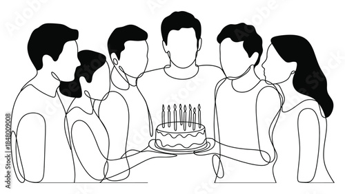 people celebrating birthday together holding cake with candles minimal line art illustration showing friendship family bonding and happy celebration concept