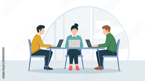 modern business team working together on laptops at office meeting table flat vector illustration for teamwork collaboration and startup concept