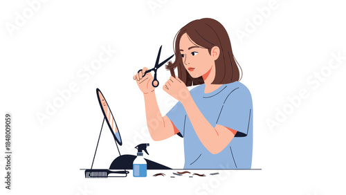 Young woman carefully trims her own hair with scissors while looking in a handheld mirror, demonstrating self-care and a do-it-yourself approach.