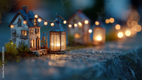 Fototapeta Naklejka Na Ścianę i Meble -  small fairy village street with glowing