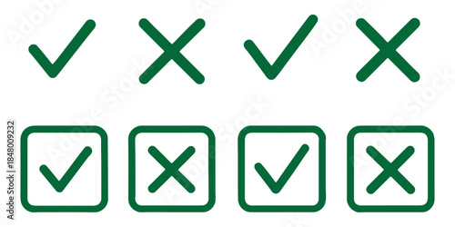 Grunge vector checkmark and cross. Grunge green check mark and red cross mark icon set. brush correct or incorrect sign with circle.