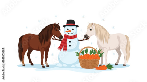 Two friendly horses share a carrot snack with a snowman during a cheerful winter scene, creating a heartwarming holiday moment.
