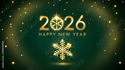 Elegant Gold 2026 Happy New Year with Snowflake on Green Background - Luxury Holiday Greeting Card Design