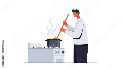 A man is carefully stirring a pot on the stove, preparing a delicious meal with steam rising from the simmering contents.