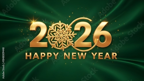Elegant Gold 2026 Happy New Year with Snowflake on Green Background - Luxury Holiday Greeting Card Design