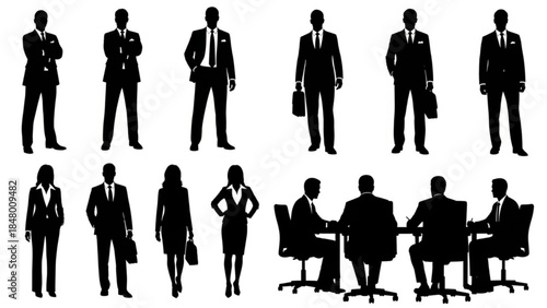 Silhouettes of business people standing and sitting in various poses