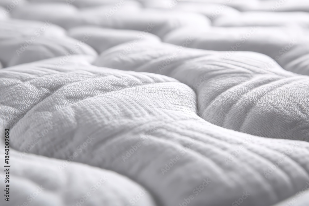 Fototapeta premium Mattress pattern. Close-up of a white mattress topper, featuring a textured, wavy surface with small perforations. Grounding Bed. Soft wave quilted ornament of bedding. Comfortable sleep and dreams