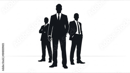 Three businessmen in black suits and ties standing together in silhouette