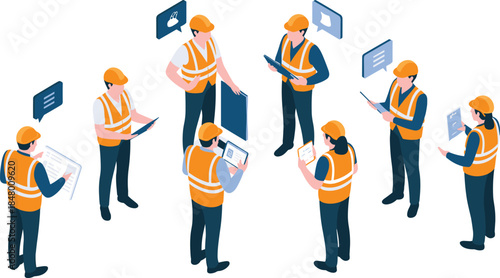 Isometric construction workers illustration showing engineers communicating with tablets, safety helmets, teamwork coordination, project management, industrial workforce concept