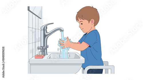 Young boy diligently washes his hands under running water at a bathroom sink with soap, promoting hygiene and health.