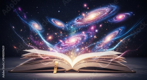 An open book with colorful galaxies and stars emerging from its pages.