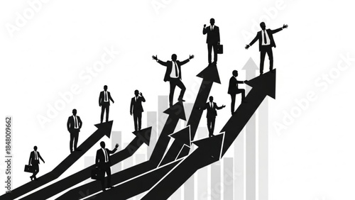 Business people climbing up arrows on a graph with a